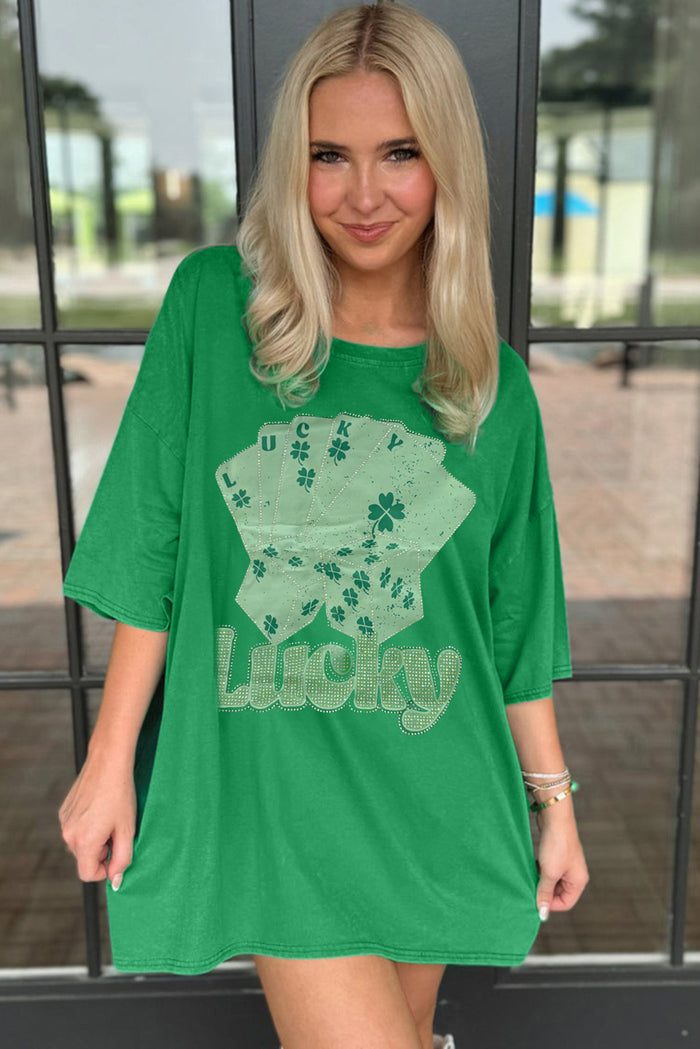 Mini robe t-shirt surdimensionné cartes de poker porte-bonheur strass vert vif