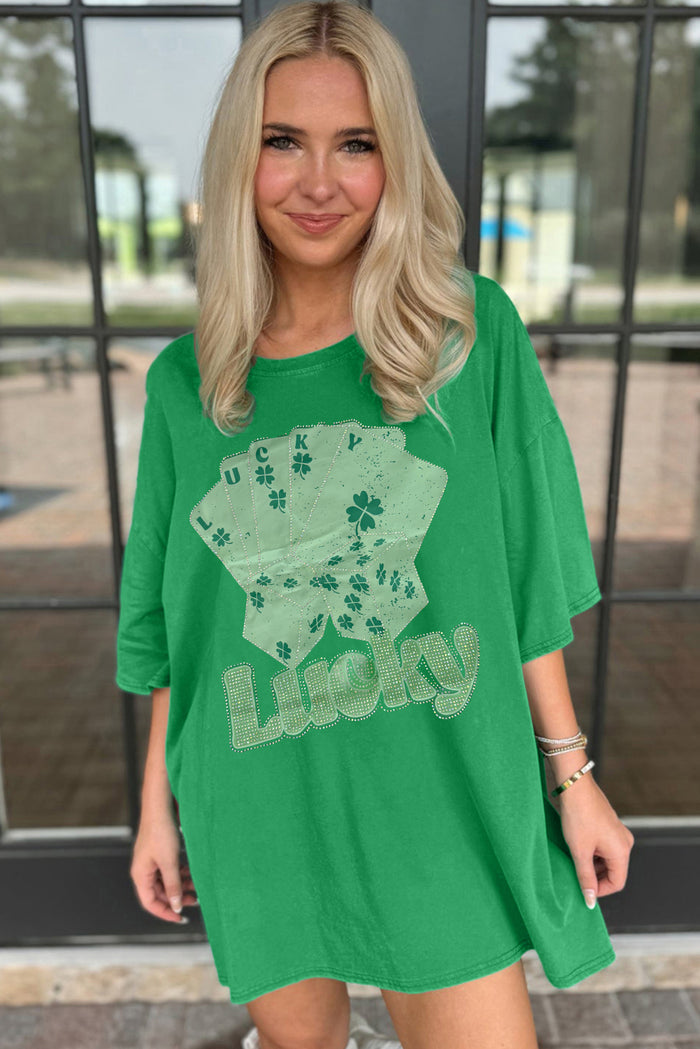 Mini robe t-shirt surdimensionné cartes de poker porte-bonheur strass vert vif