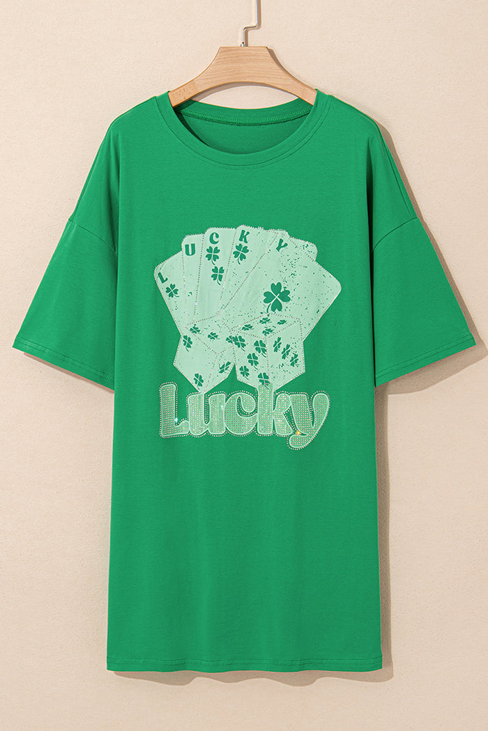 Mini robe t-shirt surdimensionné cartes de poker porte-bonheur strass vert vif