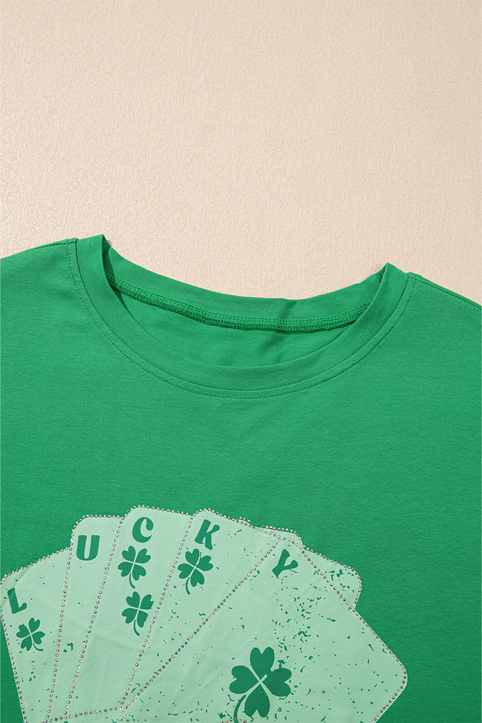 Mini robe t-shirt surdimensionné cartes de poker porte-bonheur strass vert vif