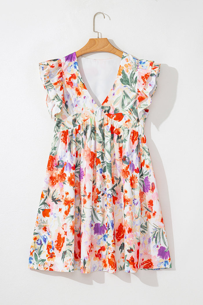 Mini-robe taille haute à col en V et manches à double volants à fleurs roses