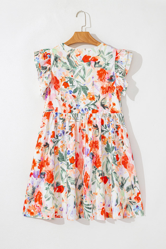 Mini-robe taille haute à col en V et manches à double volants à fleurs roses