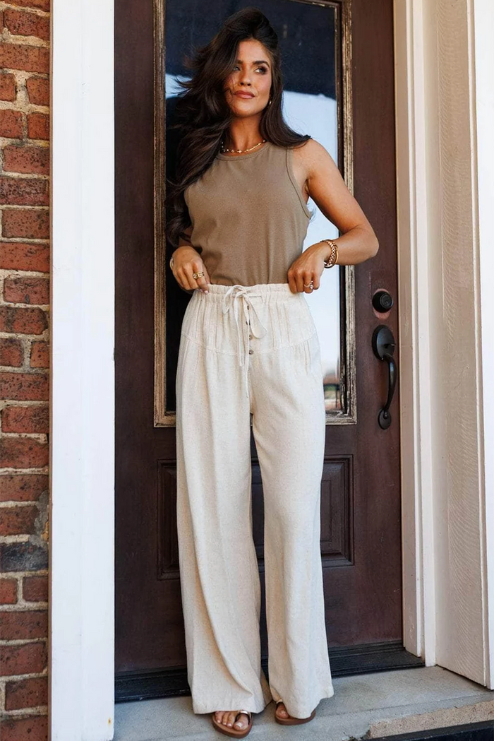 Pantalon à jambe large avec cordon de serrage couleur crème