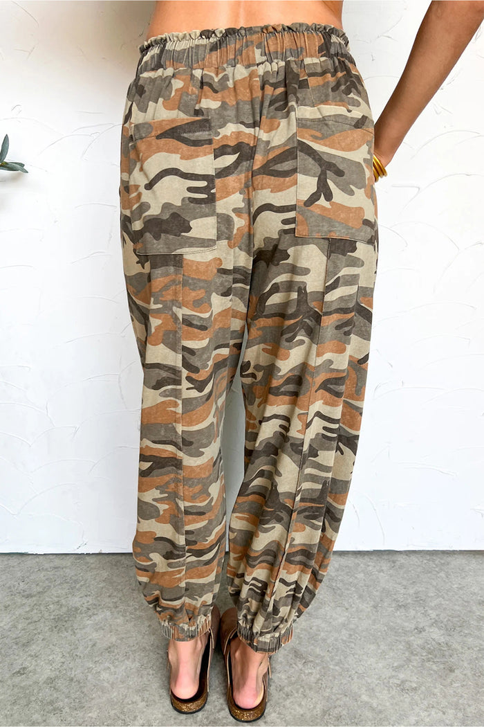 Pantalon à taille élastique et cordon de serrage imprimé camouflage