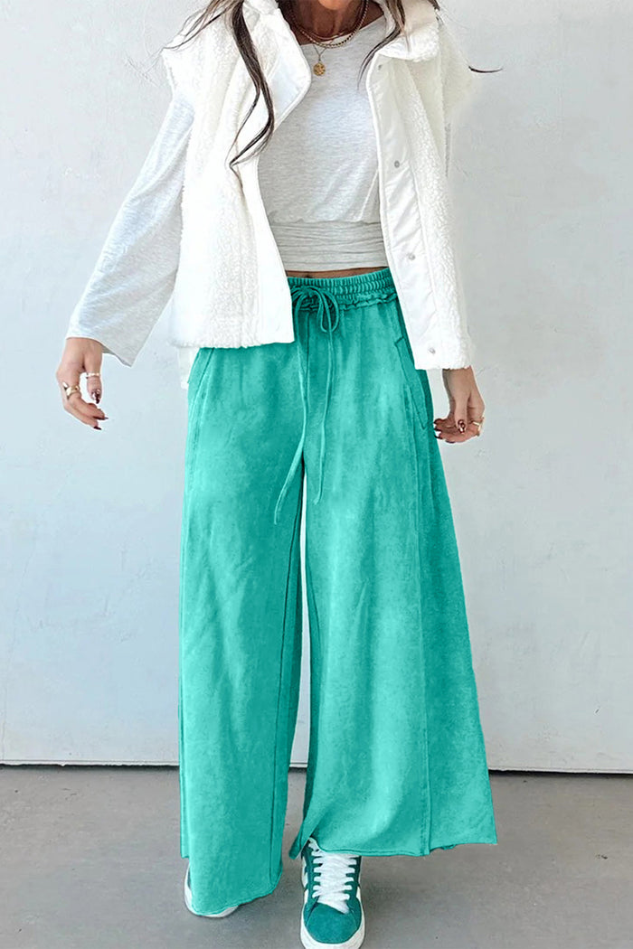 Pantalon ample vert d'eau avec cordon de serrage et taille élastique, ourlet brut