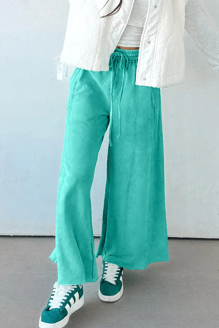 Pantalon ample vert d'eau avec cordon de serrage et taille élastique, ourlet brut