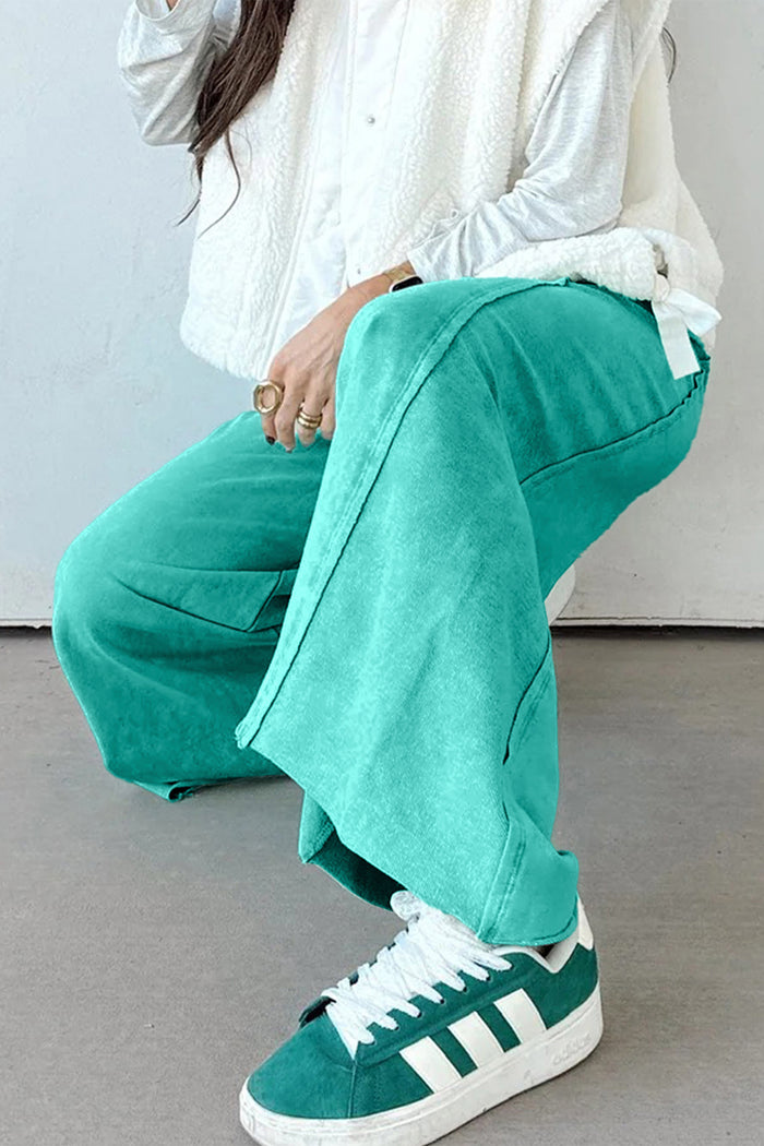Pantalon ample vert d'eau avec cordon de serrage et taille élastique, ourlet brut
