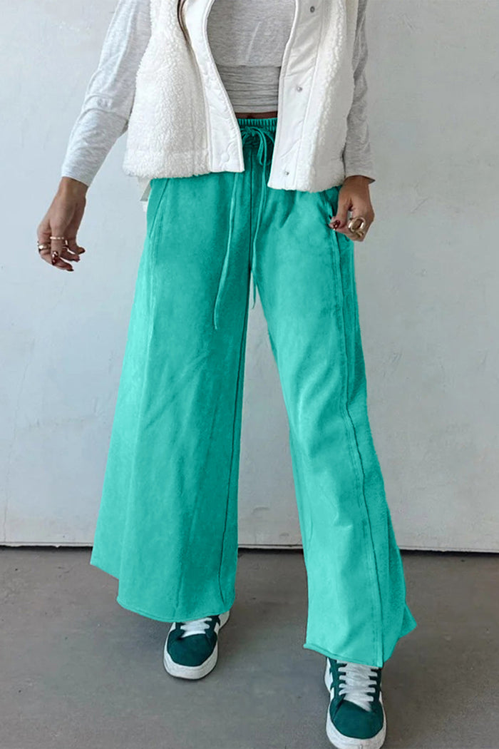 Pantalon ample vert d'eau avec cordon de serrage et taille élastique, ourlet brut