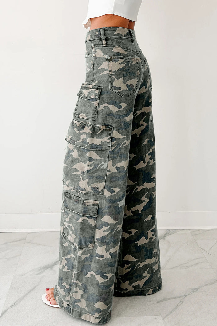 Pantalon cargo vert camouflage à jambe large
