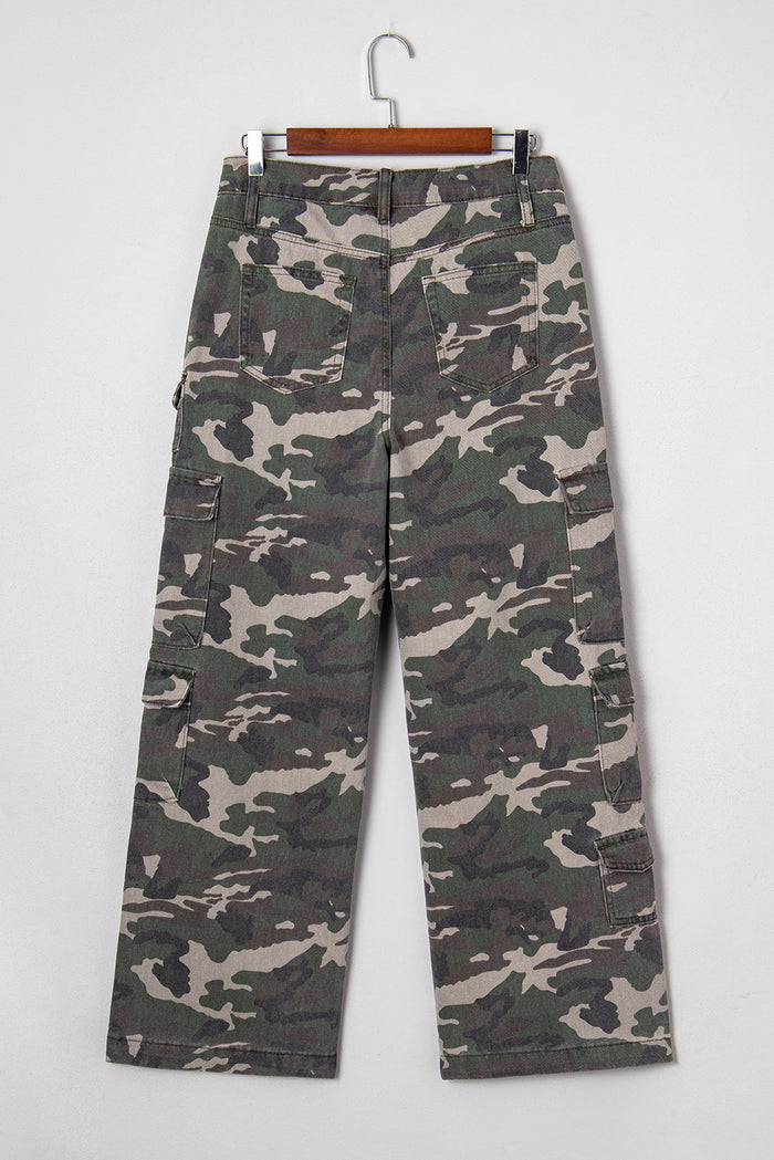 Pantalon cargo vert camouflage à jambe large