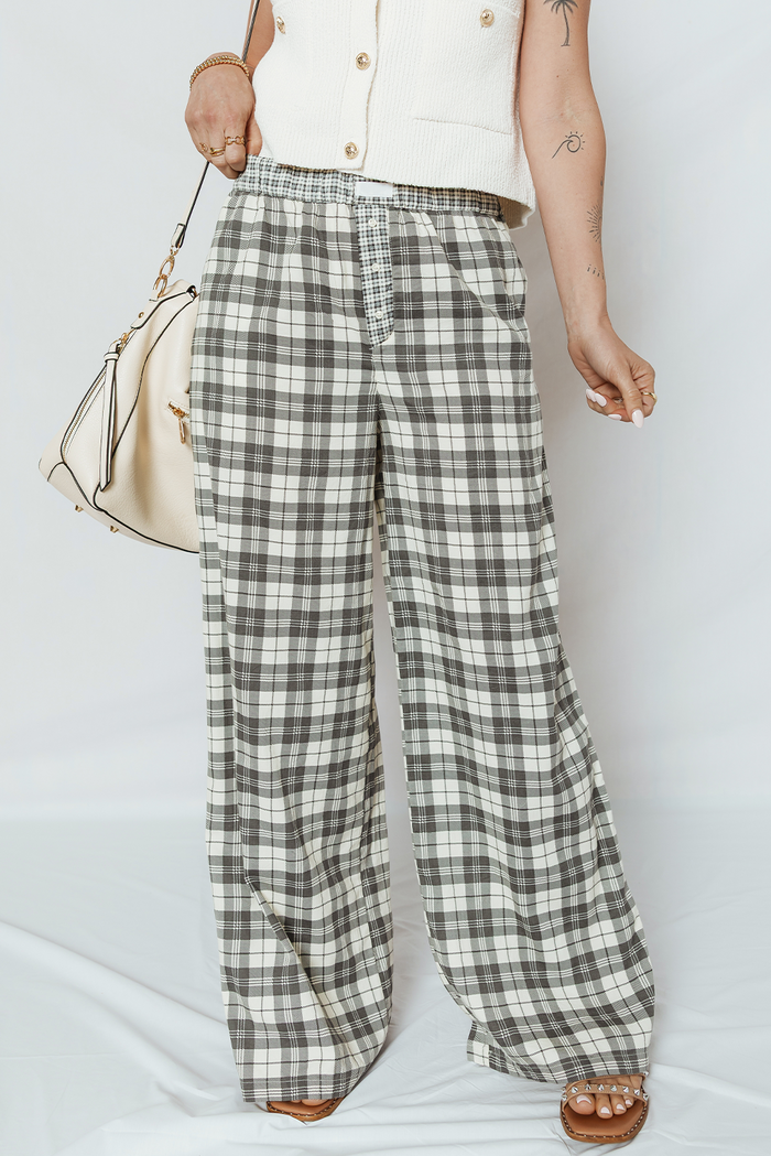 Pantalon décontracté à jambe large à carreaux