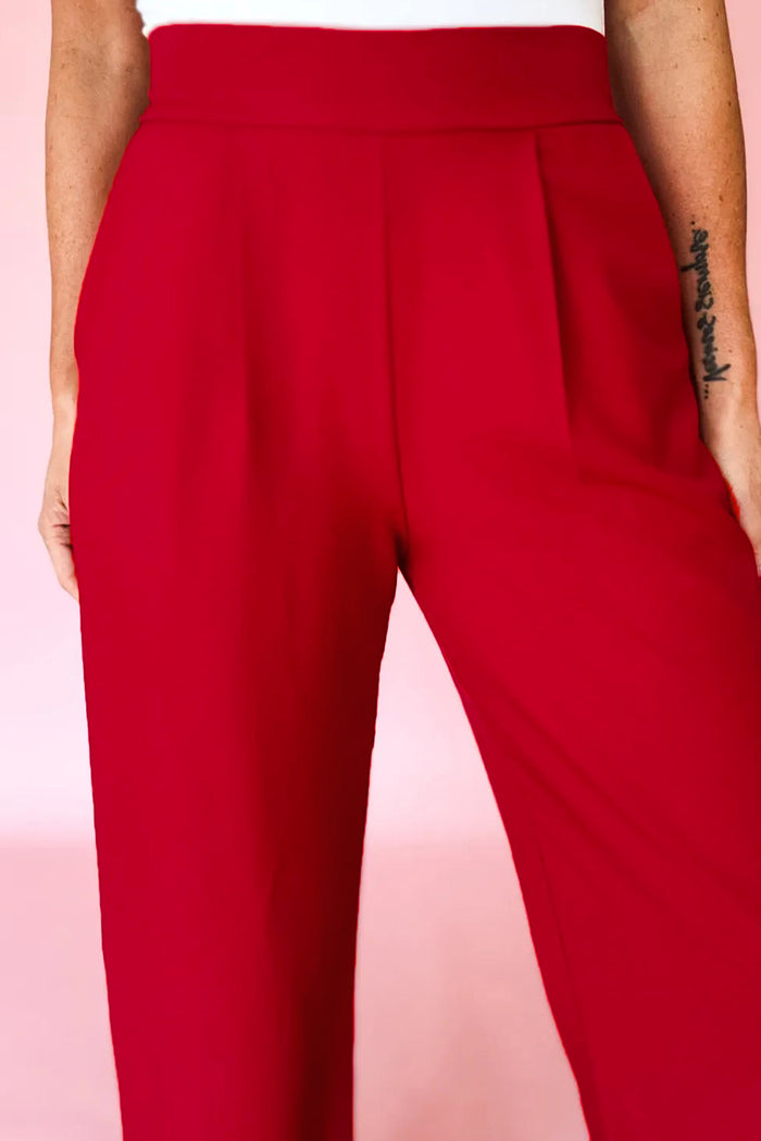 Pantalon droit ample à taille haute élastique rouge vif