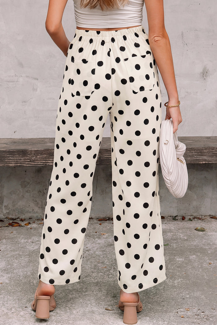 Pantalon droit taille mi-haute blanc à imprimé à pois noir