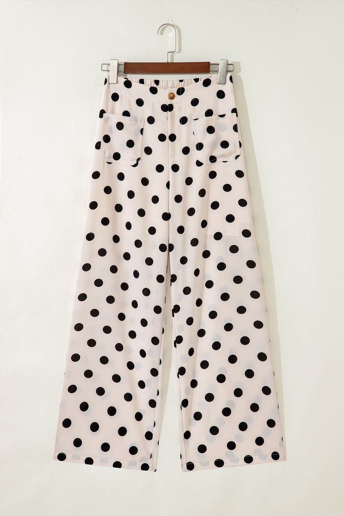 Pantalon droit taille mi-haute blanc à imprimé à pois noir