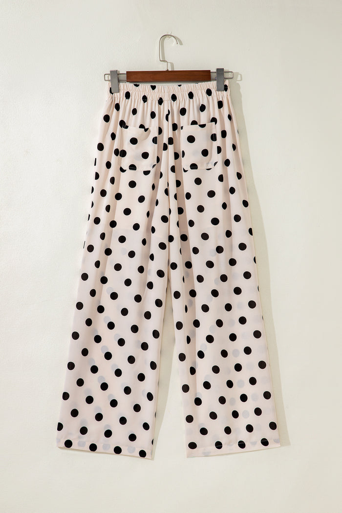 Pantalon droit taille mi-haute blanc à imprimé à pois noir