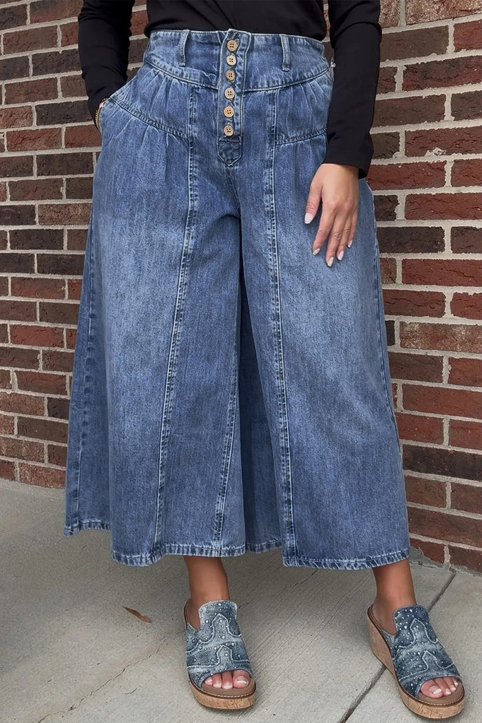 Pantalon en denim à jambe large et court plissé bleu crépuscule avec boutons taille haute