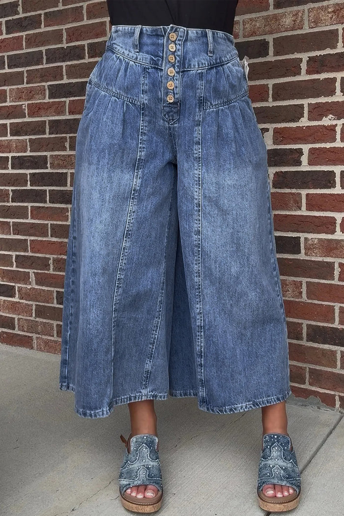Pantalon en denim à jambe large et court plissé bleu crépuscule avec boutons taille haute