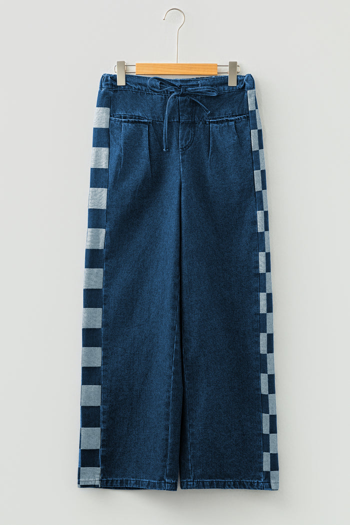 Pantalon en denim ample à carreaux bleu voile avec panneau latéral et cordon de serrage