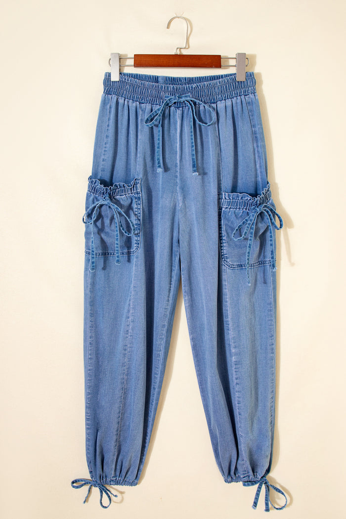 Pantalon en denim ample avec poches et taille élastique avec cordon de serrage Beau Blue