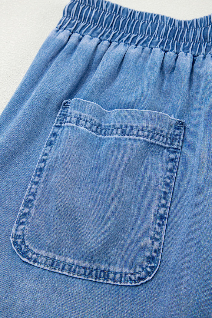 Pantalon en denim ample avec poches et taille élastique avec cordon de serrage Beau Blue