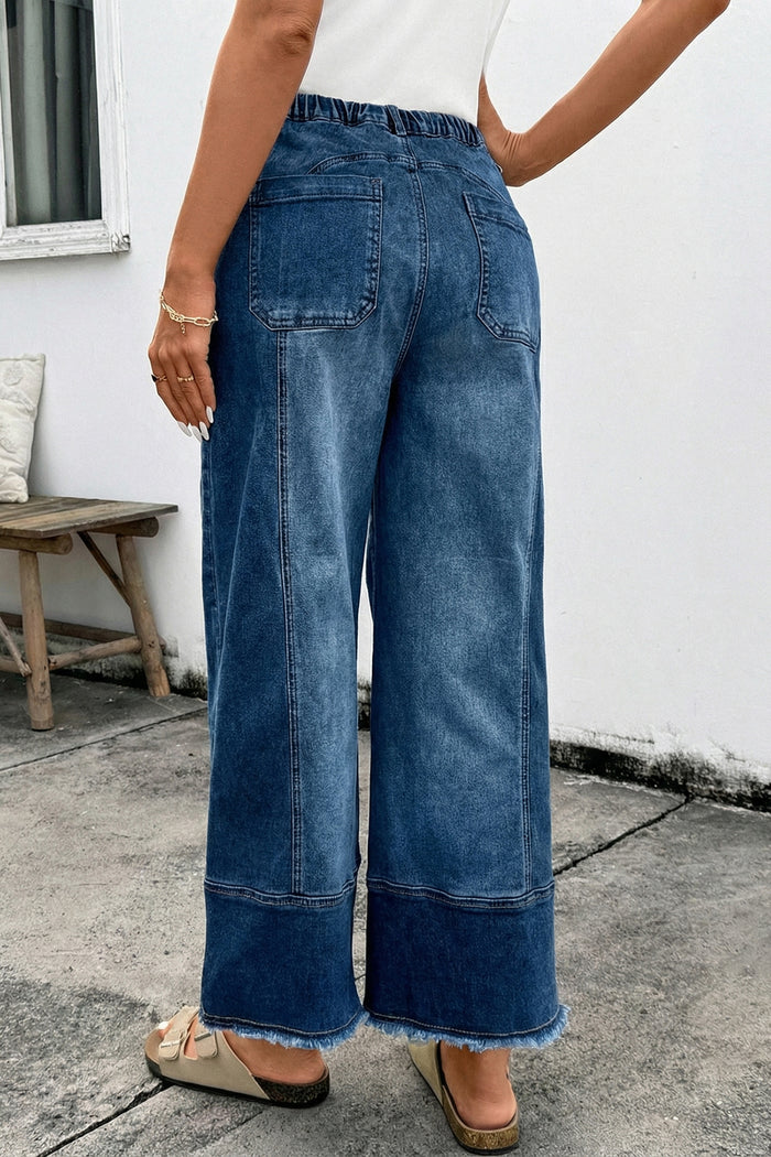 Pantalon en jean tendance à jambes larges et taille élastiquée bleu