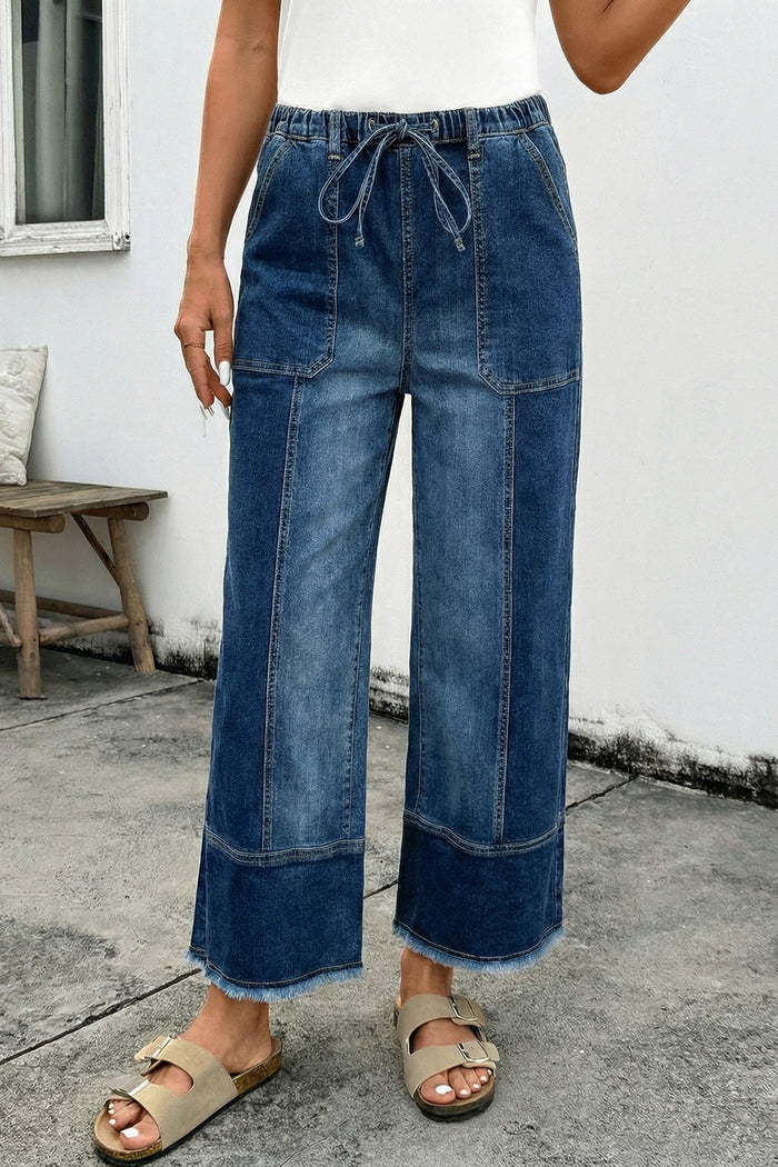 Pantalon en jean tendance à jambes larges et taille élastiquée bleu