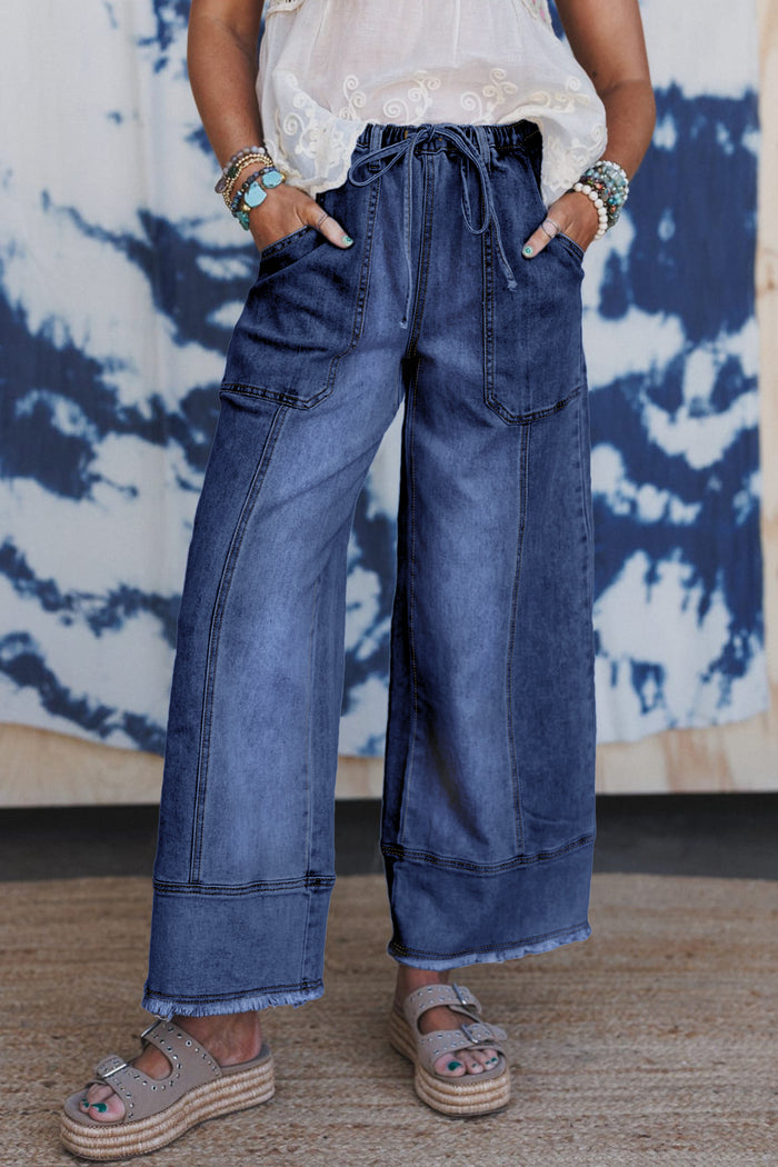 Pantalon en jean tendance à jambes larges et taille élastiquée bleu
