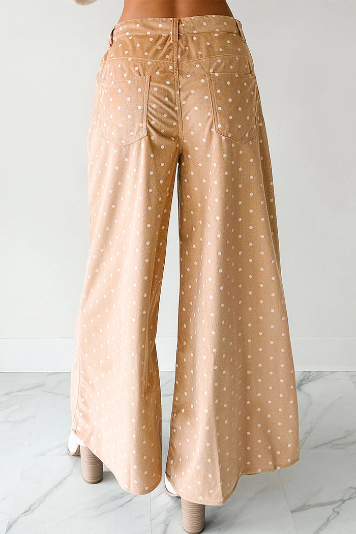 Pantalon large beige à imprimé pois et cordon de serrage