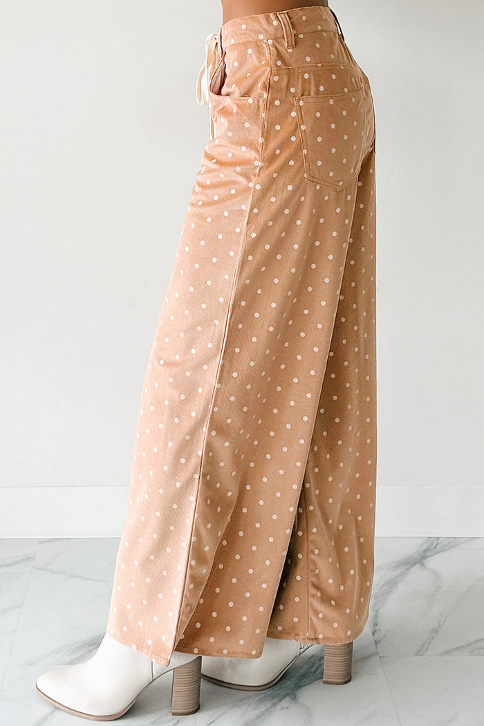 Pantalon large beige à imprimé pois et cordon de serrage