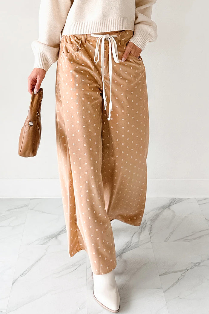 Pantalon large beige à imprimé pois et cordon de serrage