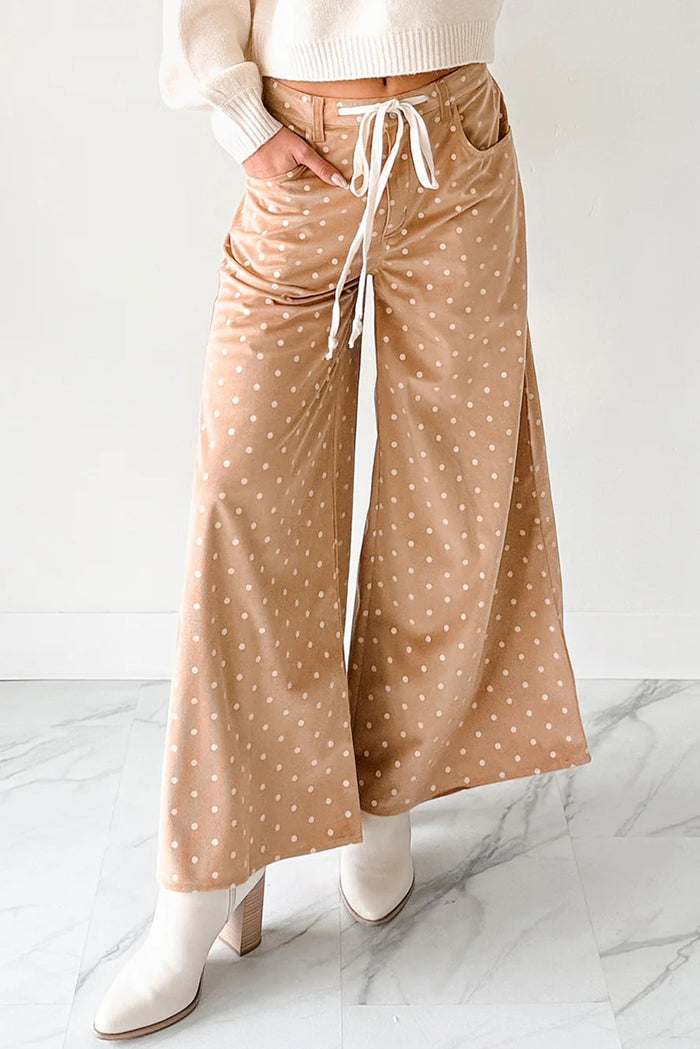 Pantalon large beige à imprimé pois et cordon de serrage