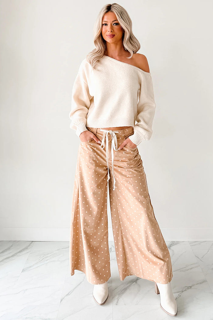 Pantalon large beige à imprimé pois et cordon de serrage