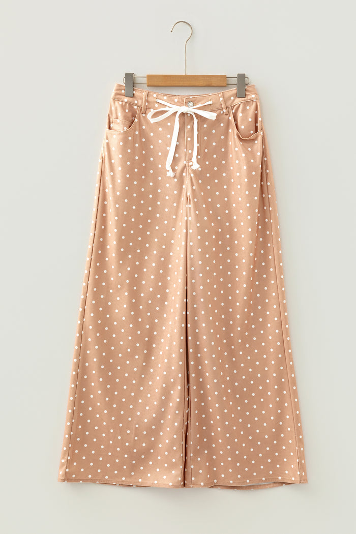 Pantalon large beige à imprimé pois et cordon de serrage
