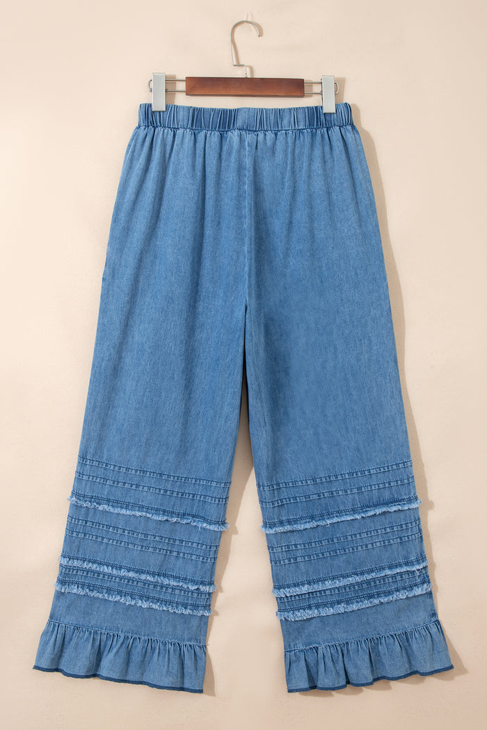 Pantalon large en chambray bleu crépuscule à ourlet volanté