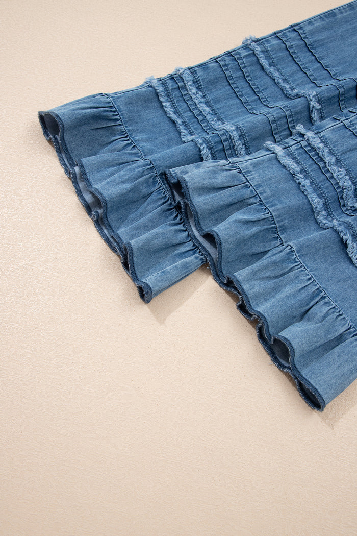 Pantalon large en chambray bleu crépuscule à ourlet volanté