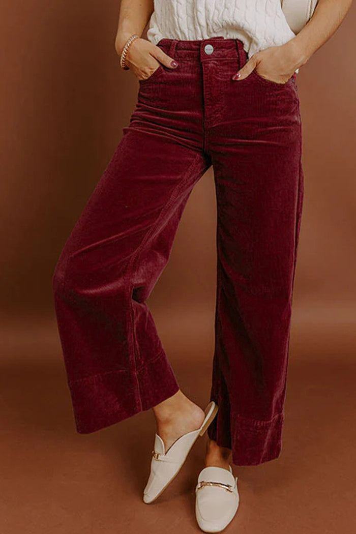 Pantalon large taille haute en velours côtelé bordeaux