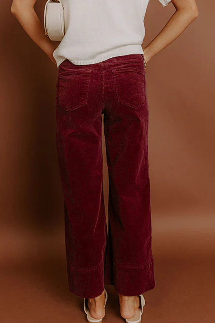 Pantalon large taille haute en velours côtelé bordeaux
