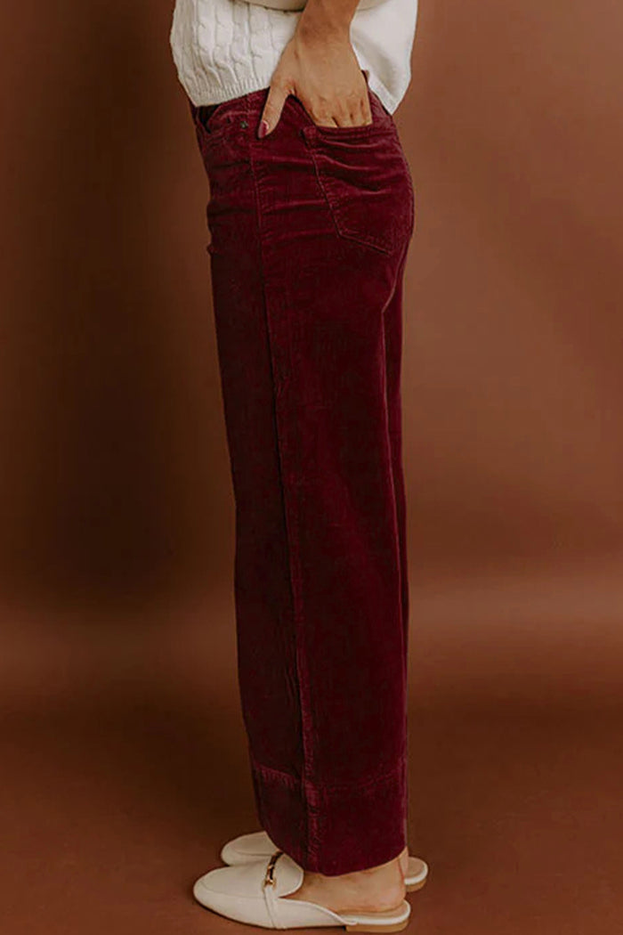 Pantalon large taille haute en velours côtelé bordeaux