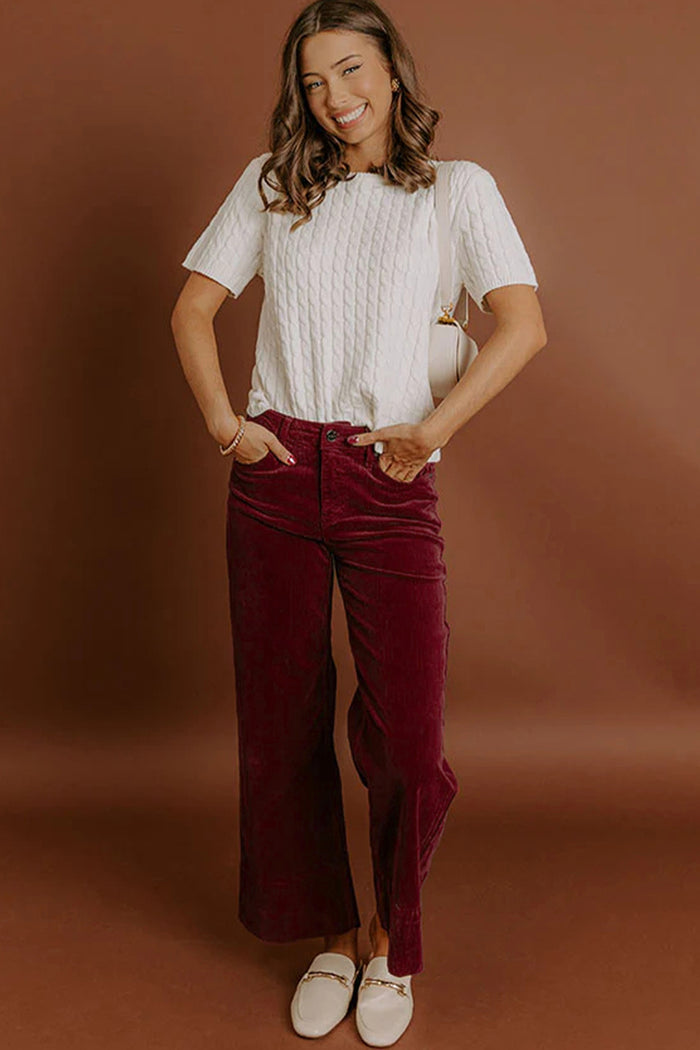 Pantalon large taille haute en velours côtelé bordeaux