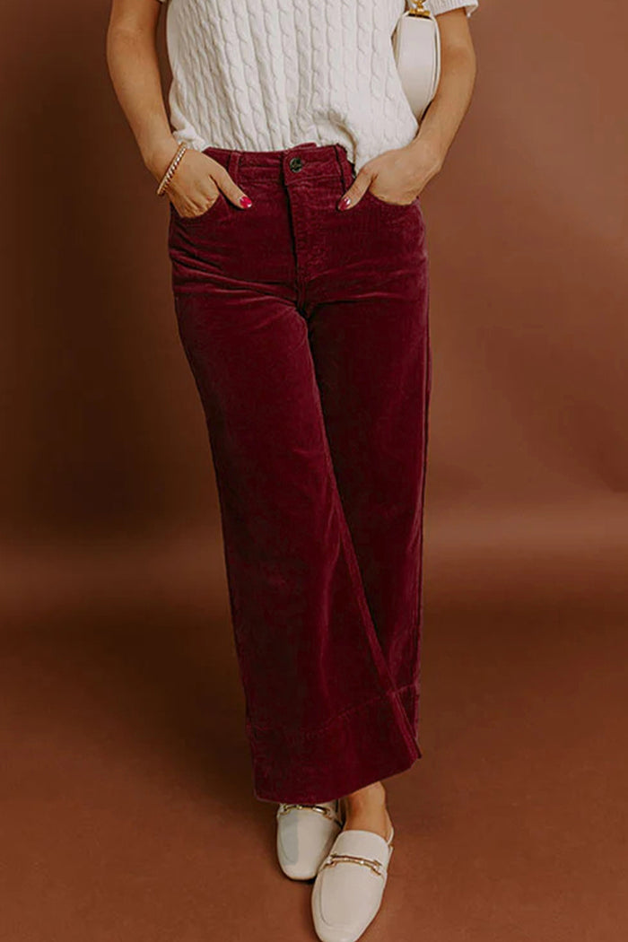 Pantalon large taille haute en velours côtelé bordeaux