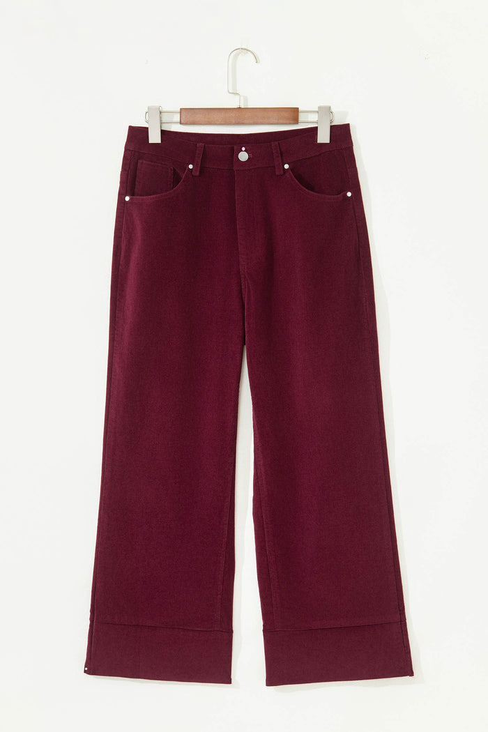 Pantalon large taille haute en velours côtelé bordeaux