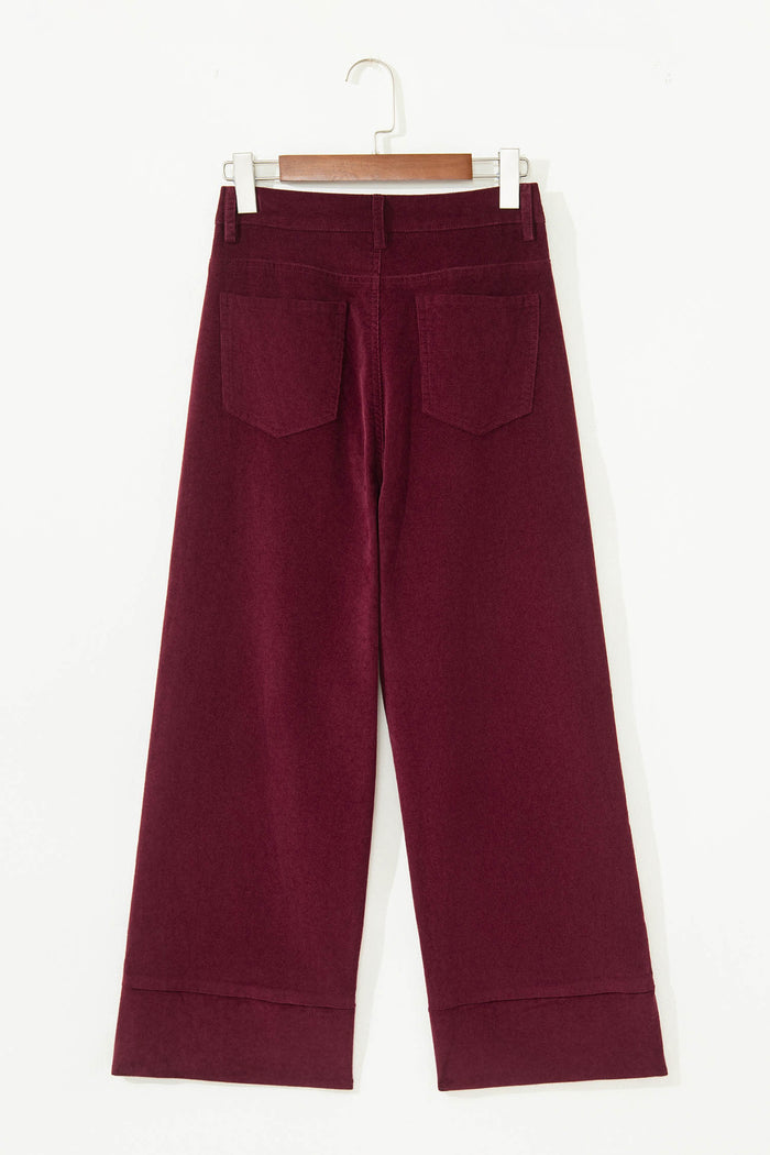 Pantalon large taille haute en velours côtelé bordeaux