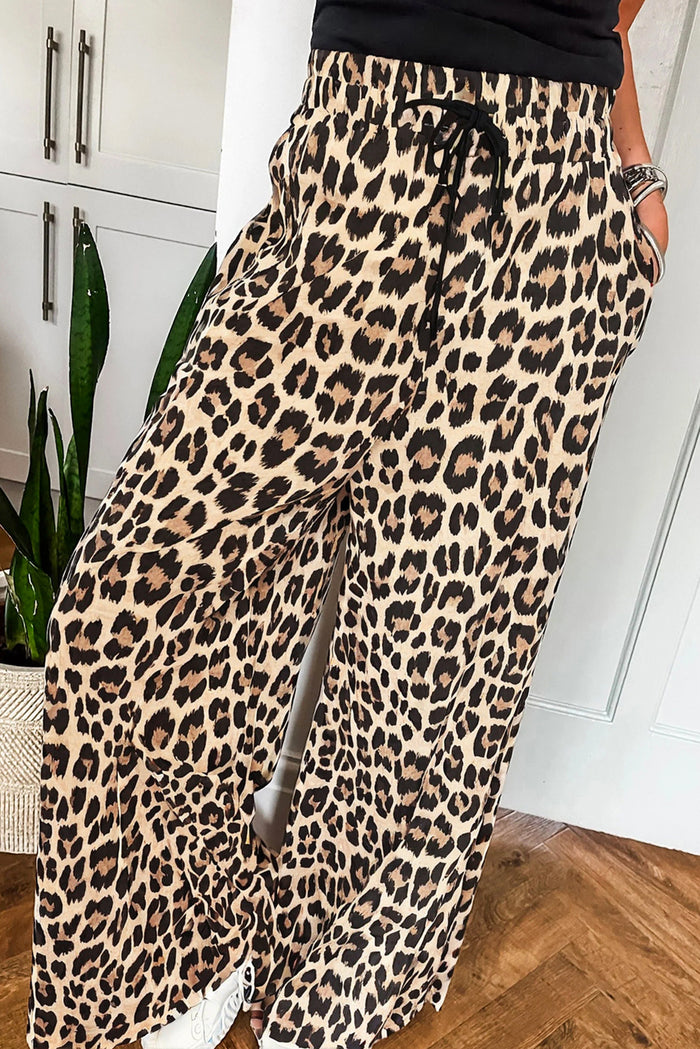 Pantalon léopard large fluide avec cordon élastique