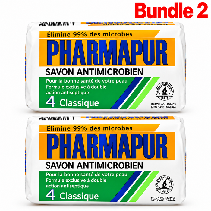 Pharmapur Savon Bienfaits Antibacterial Soap 200g in branded packaging, a cleansing bar designed for daily hygiene to help remove impurities and leave skin feeling fresh and clean.