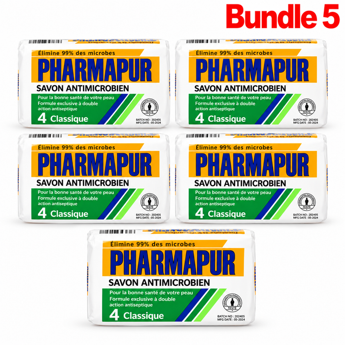Pharmapur Savon Bienfaits Antibacterial Soap 200g in branded packaging, a cleansing bar designed for daily hygiene to help remove impurities and leave skin feeling fresh and clean.