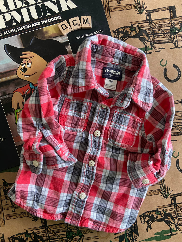 Pre-Loved Oshkosh Red/Gray Plaid Button Down Shirt *12 Months - Deer Creek Mercantile