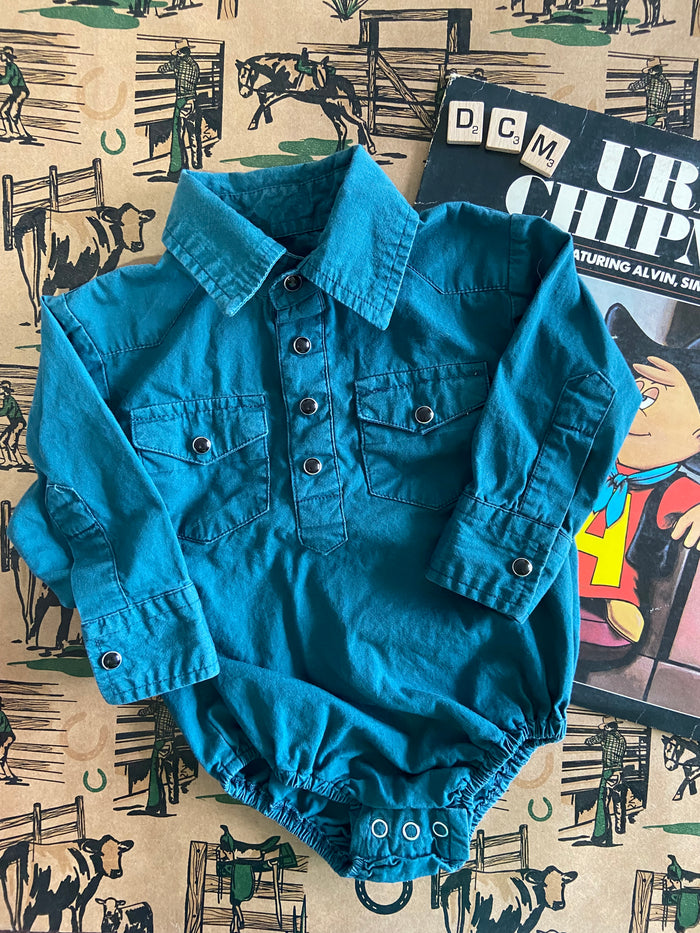 Pre-Loved Red River Outfitters Teal Pearl Snap Western Baby Bodysuit *6-9 Months - Deer Creek Mercantile