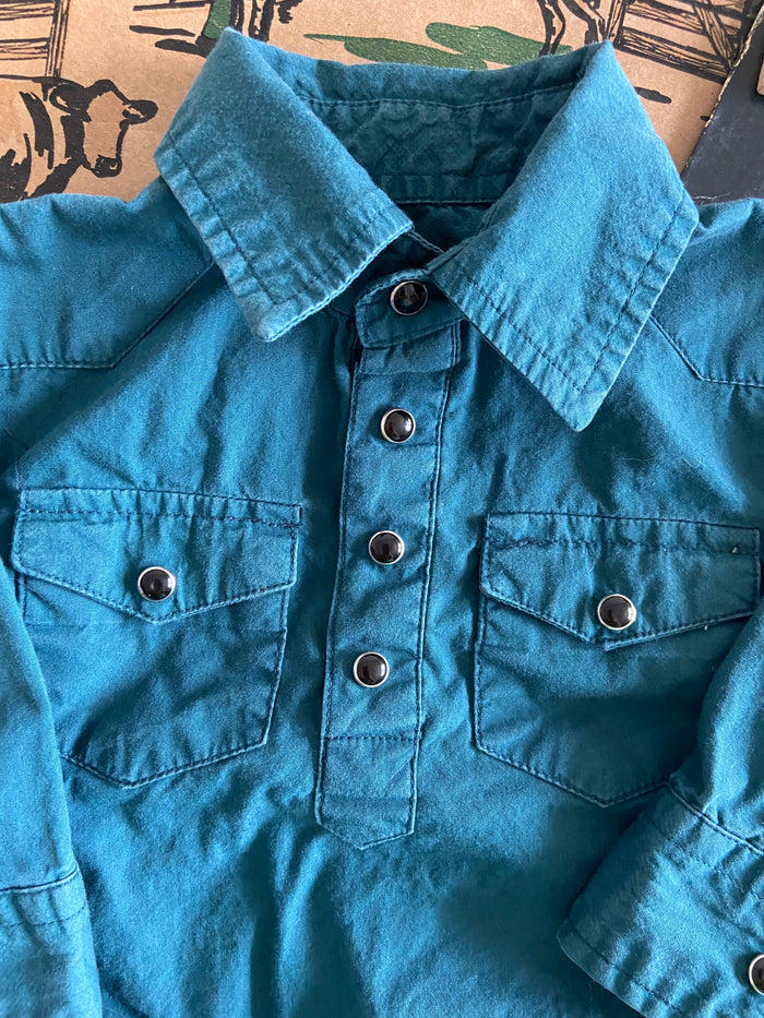 Pre-Loved Red River Outfitters Teal Pearl Snap Western Baby Bodysuit *6-9 Months - Deer Creek Mercantile