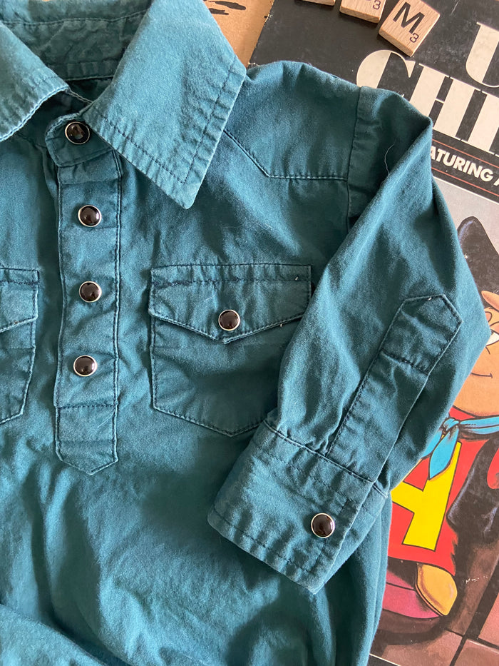 Pre-Loved Red River Outfitters Teal Pearl Snap Western Baby Bodysuit *6-9 Months - Deer Creek Mercantile
