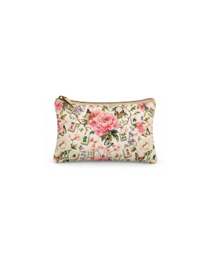 Floral vegan leather zipper pouch with gold zipper pull, front view